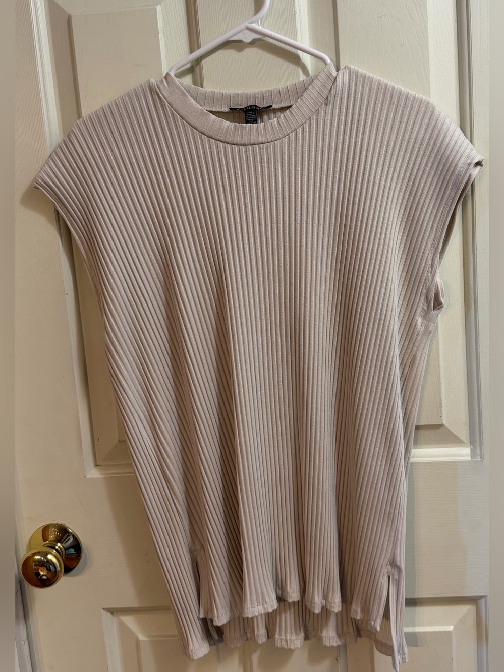 Eileen Fisher Beige Textured Stretch Rib Round Neck Top | Quiet Luxury | L
